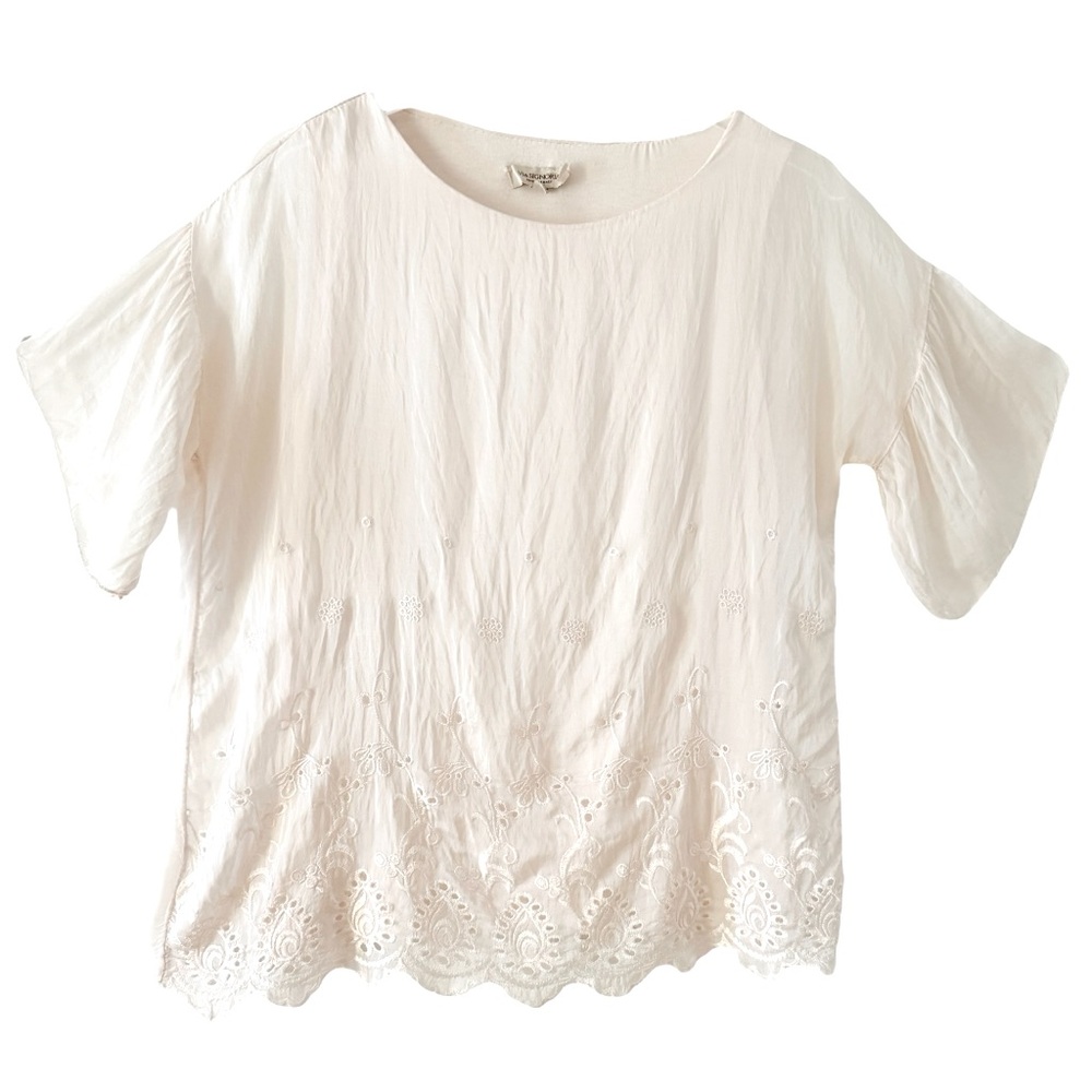 Silk Via Signoria Eyelet Embroidered Feminine Blouse Size Small Made in Italy